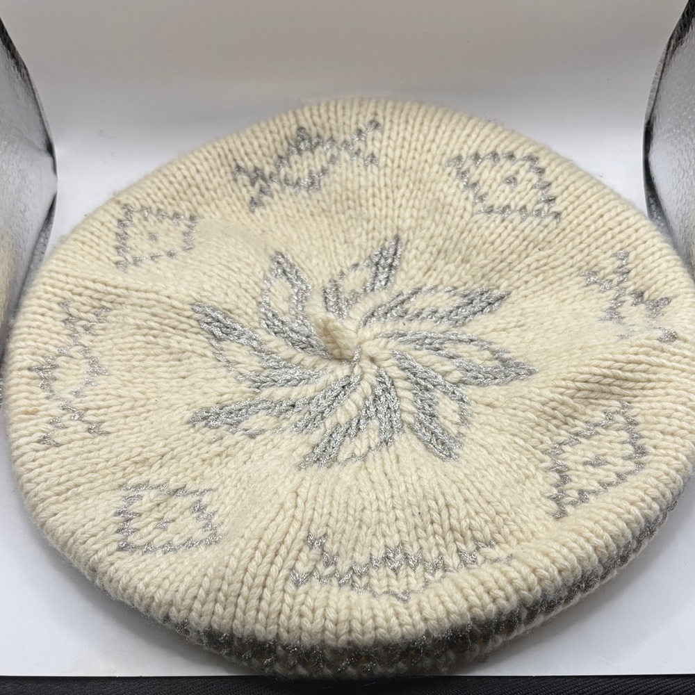 Ralph Lauren Cream Knit Beret with Silver Motif